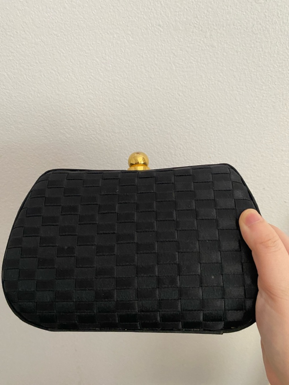 Neiman Marcus Black Woven Satin Clutch with Gold Knob